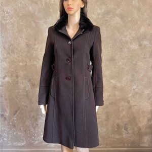 Vintage Designer Women Wool Coat Real Fur Collar Sz 4 Espresso Brown Chocolate